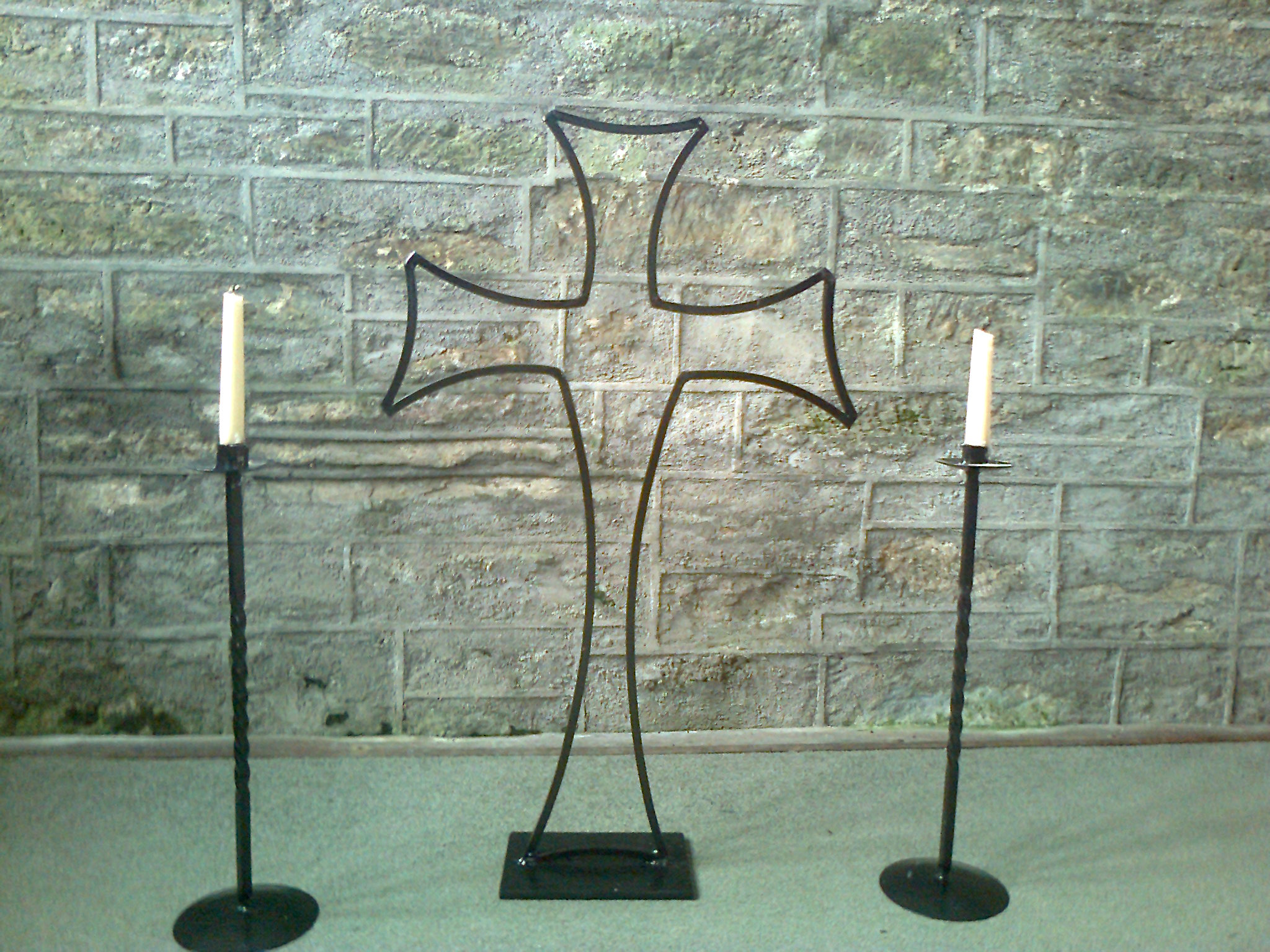 Celtic wrought iron alter cross and candle holders